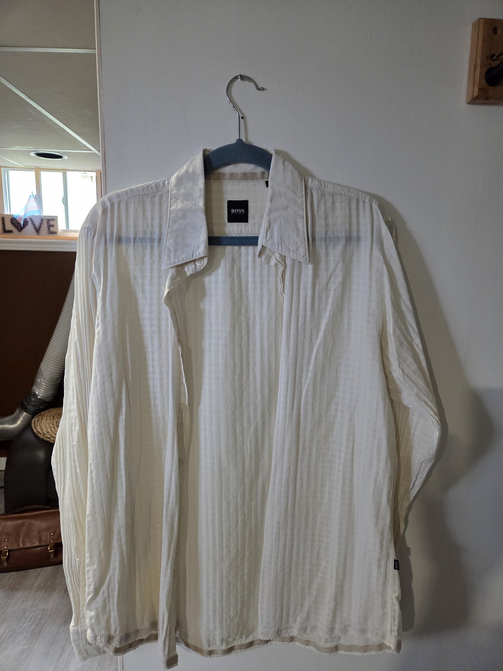 Hugo Boss Cream Textured Dress Shirt with Subtle Check